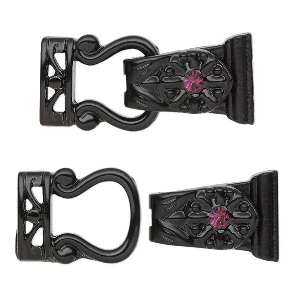 Clasp, magnetic, black-finished "pewter" (zinc-based alloy) and glass, purple, 29x13mm 2-strand fold-over. Sold per pkg of 2. image number 0