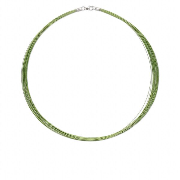 Necklace, sterling silver and nylon-coated stainless steel, peridot green, 48-50 strand, 18 inches with lobster claw clasp. Sold individually. image number 0