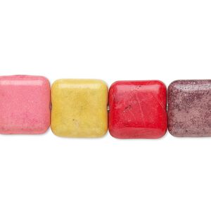 Bead, "howlite" (imitation) resin, mixed colors, 12mm rounded flat square. Sold per 15-inch strand.