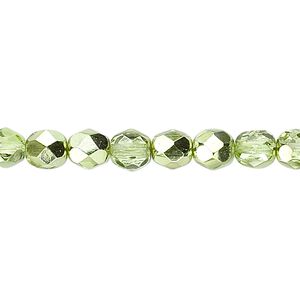 Bead, Czech fire-polished glass, opaque to transparent clear with half-coat metallic silver green, 6mm faceted round. Sold per 15-1/2" to 16" strand.