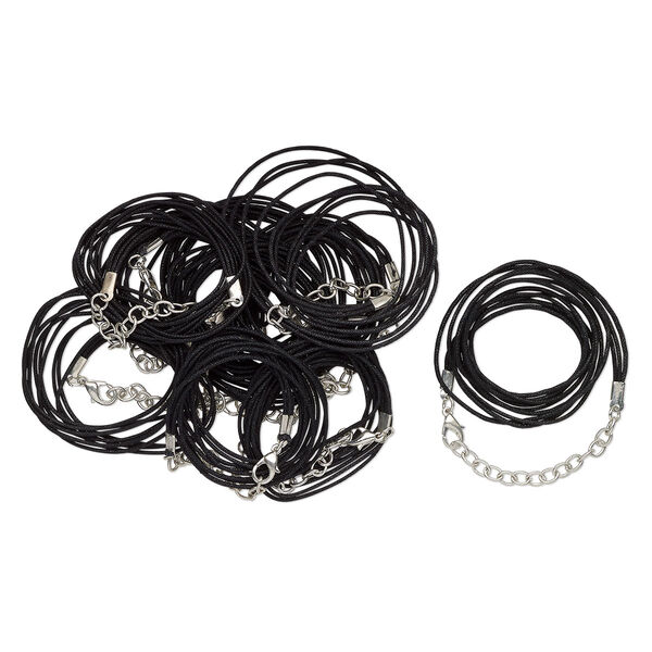 Necklace cord, waxed cotton and silver-finished brass, black, 1.2mm round, 16 inches with 2-inch extender chain and lobster claw clasp. Sold per pkg of 10. image number 0