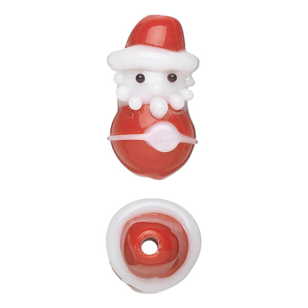 Bead, lampworked glass, opaque white and red, 23x14mm 3D Santa Claus. Sold per pkg of 2. image number 0