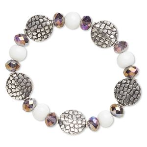 Bracelet, stretch, glass and antique silver-finished brass, purple AB and white, 14mm wide, 6-1/2 inches. Sold individually.