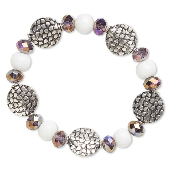 Bracelet, stretch, glass and antique silver-finished brass, purple AB and white, 14mm wide, 6-1/2 inches. Sold individually. image number 0