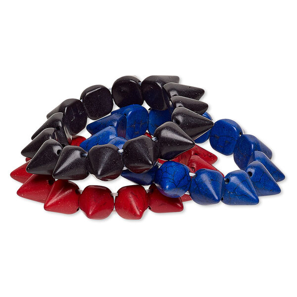 Bracelet, stretch, "turquoise" (imitation) resin, red / blue / black, 14mm spike, 7 inches. Sold per pkg of 3. image number 0