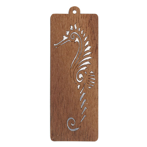Focal, black walnut (natural) and aluminum foil, 43x16mm single-sided laser-cut rectangle with seahorse. Sold individually. image number 0