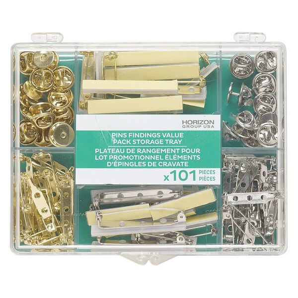 Tie tac and pinback set, gold- and silver-finished steel, assorted sizes. Sold per 101-piece set. image number 0