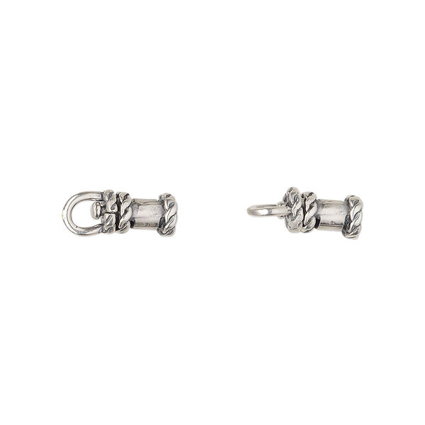 Crimp end, JBB Findings, antique silver-plated brass, 8x5mm tube with swivel, loop and rope trim design, 2mm inside diameter. Sold per pkg of 2. image number 0
