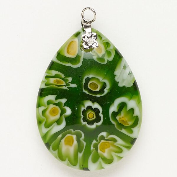 Focal 1pkg1 silver-finished steel and millefiori glass, translucent and transparent green / yellow / white, 37x26mm-38x28mm puffed teardrop. image number 0