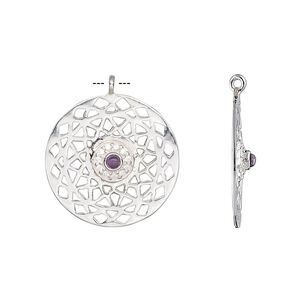 Drop, amethyst (natural) / cubic zirconia / sterling silver, clear, 19.5mm single-sided flat round with cutout design. Sold individually.