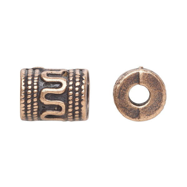 Bead, antique copper-plated "pewter" (zinc-based alloy), 13x10mm fancy cylinder. Sold per pkg of 20. image number 0