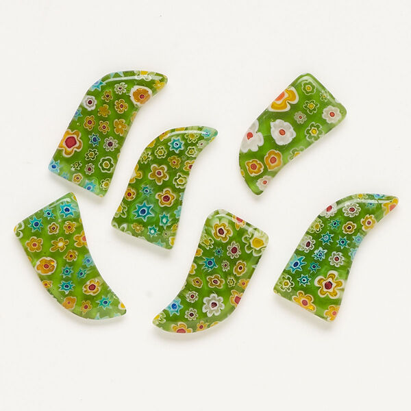 Component, millefiori glass, translucent green and multicolored, 24x12mm-30x15mm undrilled talon. Sold per pkg of 6. image number 0