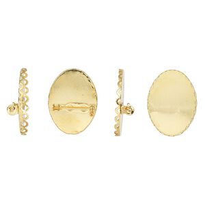 Pin back, gold-finished steel, 31x23mm scalloped oval with 30x20mm oval setting. Sold per pkg of 4.