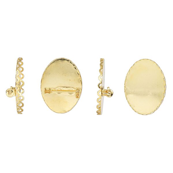 Pin back, gold-finished steel, 31x23mm scalloped oval with 30x20mm oval setting. Sold per pkg of 4. image number 0