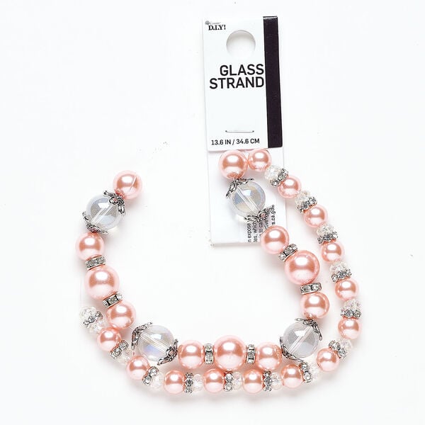 Bead and bead cap mix 1pkg1, acrylic and silver-finished brass, opaque and transparent pink and clear AB, 7-12mm round / 6x4-7x3mm rondelle / 11x3.5mm scalloped bead cap, 13-1/2 inches. image number 0