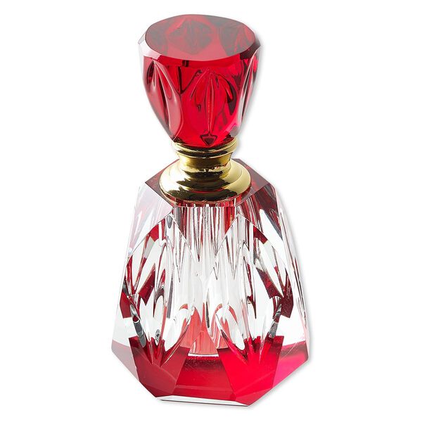 Perfume bottle, glass and gold-finished "pewter" (zinc-based alloy), clear and red, 4 x 2-1/2 x 2-1/2 inches with dauber and threaded stopper. Sold individually. image number 0