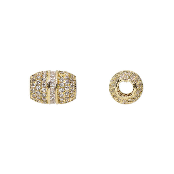Bead, glass rhinestone and gold-finished brass, clear, 12x8.5mm barrel. Sold individually. image number 0