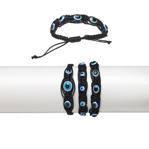 Bracelet mix, cotton and acrylic, multicolored, mixed shape with wards off the evil eye design, adjustable from 6 to 8-1/2 inches with wrapped knot closure. Sold per pkg of 3. image number 0