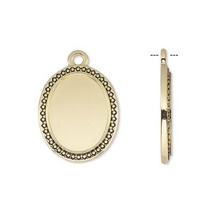 Drop, antique gold-finished "pewter" (zinc-based alloy), 21x17mm oval with beaded and triangle edge with 16x12mm oval setting. Sold per pkg of 6.