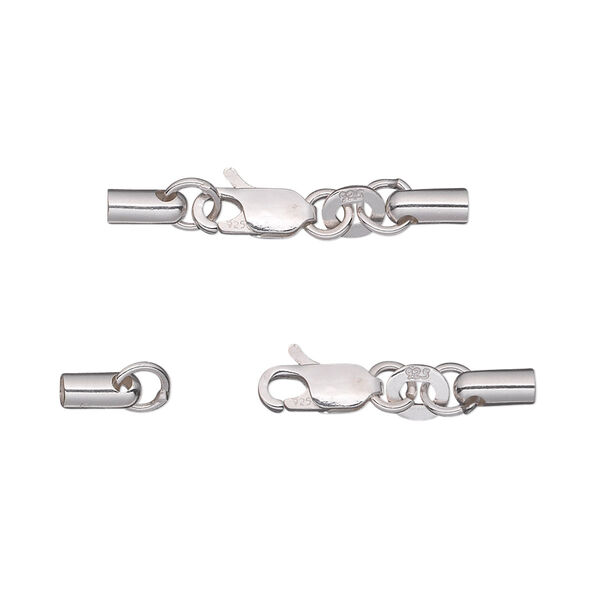 Clasp, lobster claw, sterling silver, 28x5mm overall with 9x5mm clasp and (2) 6x2.5mm cord ends, 2mm inside diameter. Sold individually. image number 0