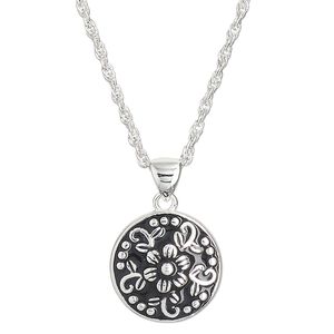 Necklace, Create Compliments®, sterling silver and enamel, black, 15mm round with flower and dots design, adjustable at 16 and 18 inches with springring clasp. Sold individually.