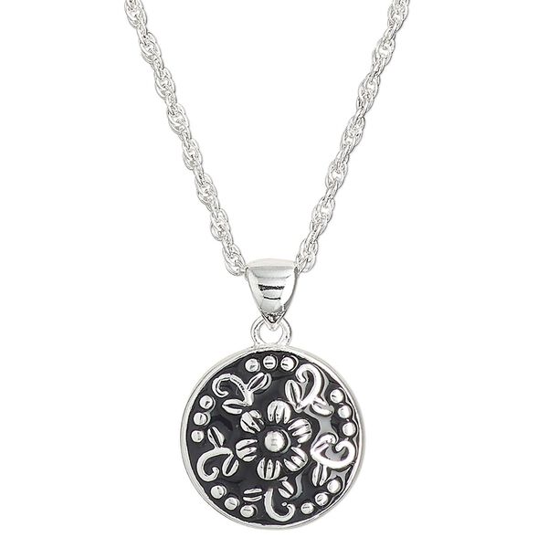 Necklace, Create Compliments®, sterling silver and enamel, black, 15mm round with flower and dots design, adjustable at 16 and 18 inches with springring clasp. Sold individually. image number 0