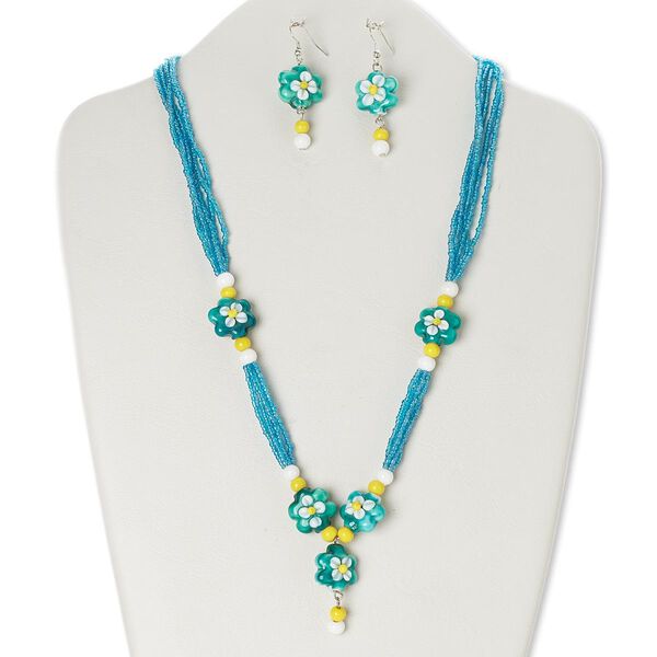 Necklace and earring set, glass / lampworked glass / silver-finished steel, multicolored, 1-1/2 inch dangle with flower, 20 inches with lobster claw clasp, 2-1/4 inch earrings with fishhook ear wire. Sold per set. image number 0