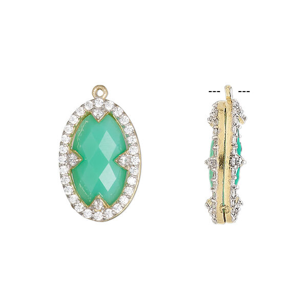 Drop, chalcedony (dyed) / cubic zirconia / gold-finished sterling silver, clear and sea green, 18x12mm double-sided faceted oval. Sold individually. image number 0
