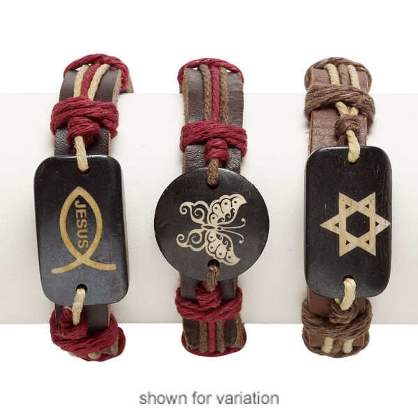 Bracelet mix, leather / bone / waxed cotton cord (dyed), multicolored, 17-24mm wide with mixed shape, adjustable from 5-8 inches with wrapped knot closure. Sold per pkg of 3. image number 1