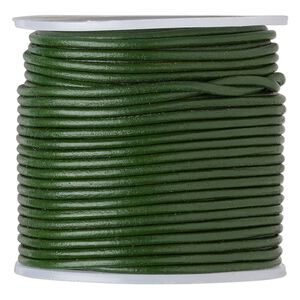 Cord, leather (dyed), dark green, 1.4-1.6mm round. Sold per 25-yard spool.