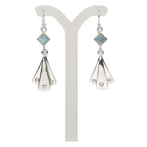 Earring, labradorite (natural) and sterling silver, 2 inches with shield and fishhook ear wire, 21 gauge. Sold per pair.