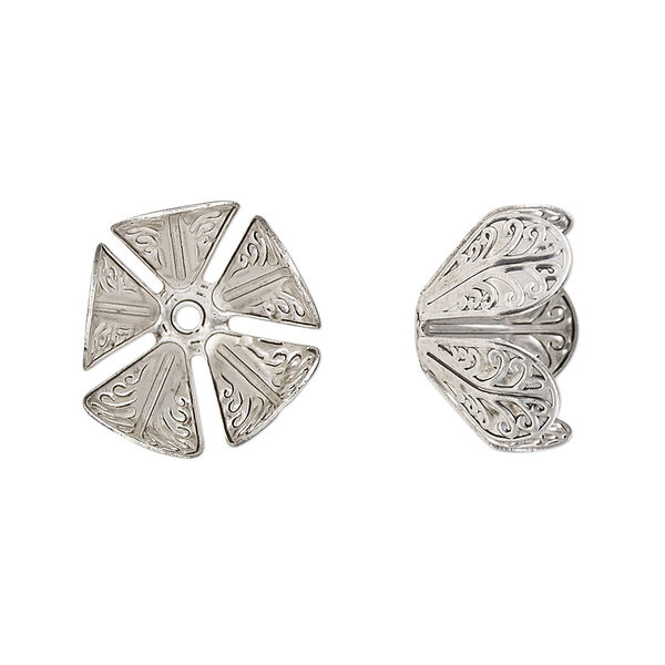 Bead cap, antique silver-finished copper, 16x10.5mm leaves, fits 12-16mm round bead. Sold per pkg of 10. image number 0