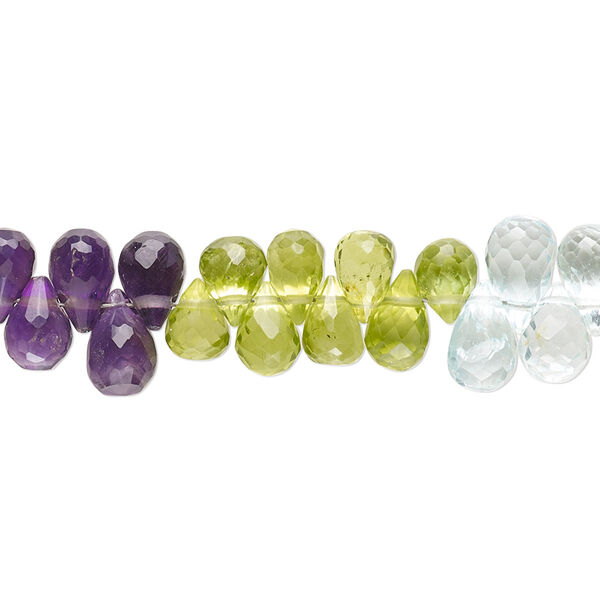 Bead, multi-gemstone (natural / heated), 8x4mm-10x6mm hand-cut top-drilled faceted teardrop with set pattern and 0.4-1.4mm hole, B grade, Mohs hardness 3 to 7. Sold per 8-inch strand. image number 0