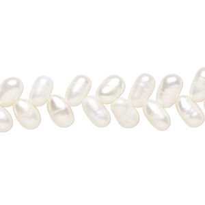 Pearl, cultured freshwater, white, 7x5mm herringbone-drilled rice with 0.4mm hole, C grade, Mohs hardness 2-1/2 to 4. Sold per 15-inch strand.