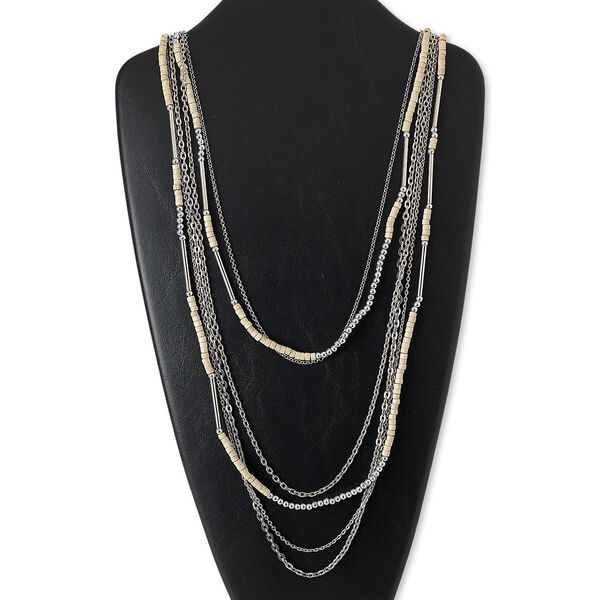 Necklace, stained wood / silver-coated plastic / imitation rhodium-plated steel / brass, tan, flat round, 32 inches with 2-inch extender chain and lobster claw clasp. Sold individually. image number 0