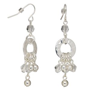 Earring, glass rhinestone with silver-finished steel, clear, 2-1/2 inches with round and fishhook ear wire. Sold per pair.