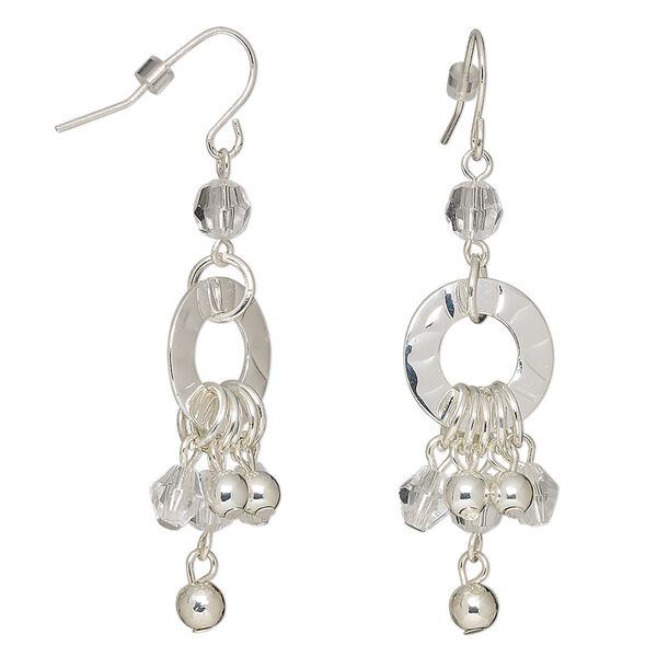 Earring, glass rhinestone with silver-finished steel, clear, 2-1/2 inches with round and fishhook ear wire. Sold per pair. image number 0
