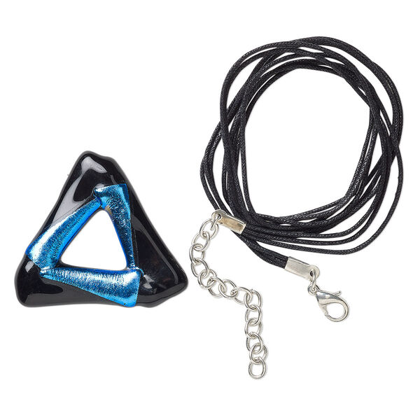 Focal and neck cord, Paula Radke, waxed cotton cord / dichroic glass / silver-finished "pewter" (zinc-based alloy), black and blue, 41mm-42mm open triangle, 17 inches with 2-inch extender chain and lobster claw clasp. Sold per 2-piece set. image number 0
