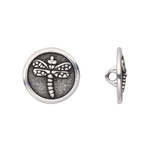 Button, TierraCast®, antique silver-plated pewter (tin-based alloy), 17mm flat round with dragonfly and loop. Sold per pkg of 20.