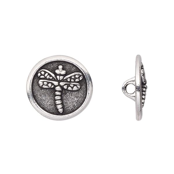 Button, TierraCast®, antique silver-plated pewter (tin-based alloy), 17mm flat round with dragonfly and loop. Sold per pkg of 20. image number 0