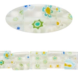Bead, millefiori glass, translucent and transparent clear and multicolored, 9mm-11x10mm puffed square with flower design. Sold per 14-inch strand.