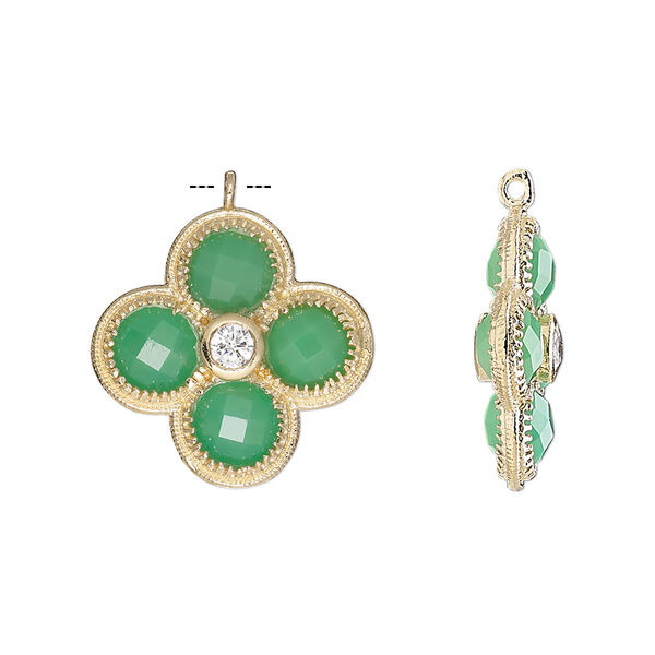 Drop, chalcedony (dyed) / cubic zirconia / gold-finished sterling silver, clear and sea green, 19mm double-sided faceted flower. Sold individually. image number 0