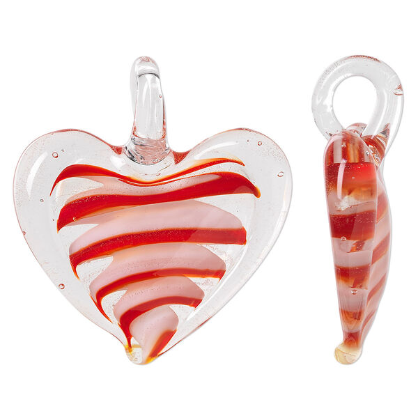 Pendant, lampworked glass, clear / red / white / orange, 46x36mm-48x40mm single-sided domed heart. Sold individually. image number 0