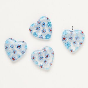 Bead, millefiori glass, translucent clear and multicolored, 19-20mm half-drilled puffed heart. Sold per pkg of 4.