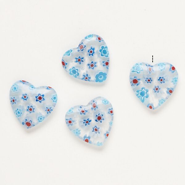 Bead, millefiori glass, translucent clear and multicolored, 19-20mm half-drilled puffed heart. Sold per pkg of 4. image number 0