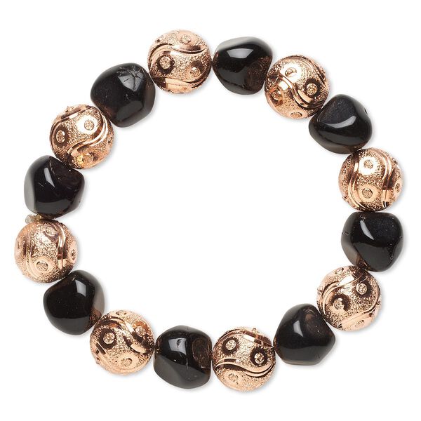 Bracelet, stretch, glass and copper-finished brass, black, 12mm stardust round and small nugget, 6 inches. Sold individually. image number 0