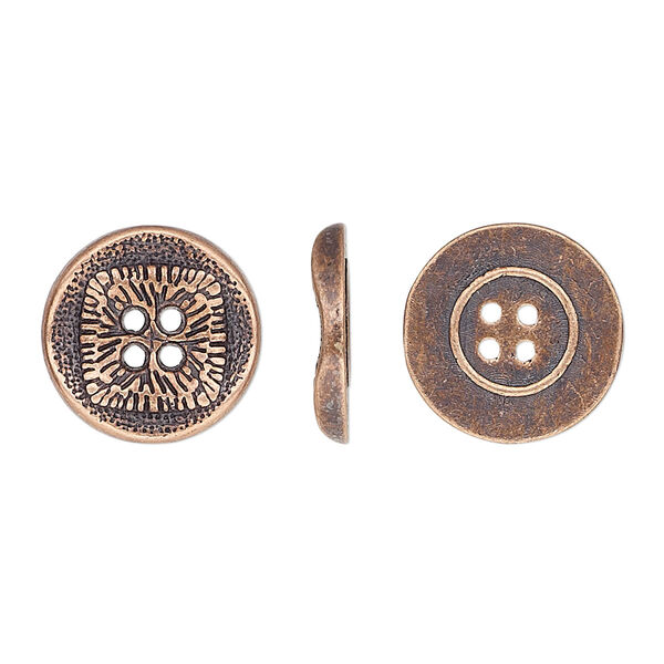 Button, antiqued copper-finished "pewter" (zinc-based alloy), 15mm single-sided wavy flat round with textured square design. Sold per pkg of 20. image number 0