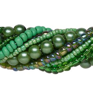 Bead assortment, glass, opaque to transparent multi-greens, 3x1mm-6mm round and irregular rondelle. Sold per pkg of (8) 14-inch strands, approximately 1,200 beads.