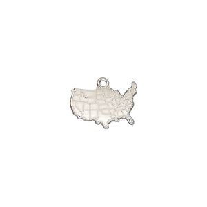 Charm, sterling silver, 14x10mm single-sided textured USA map. Sold individually.