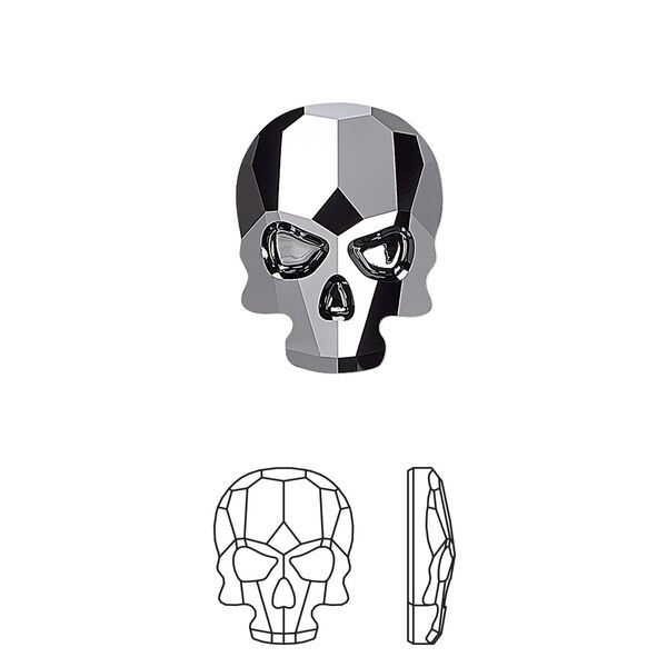 Flat back 1pk jet hematite, Crystal Passions® 18x14mm skull 2856 image number 0
